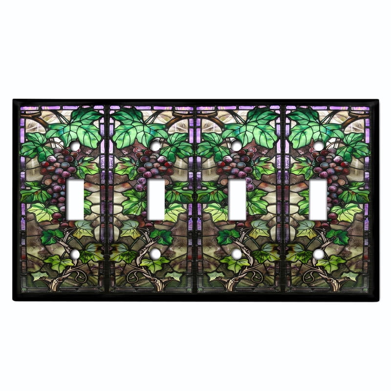 Metal Light Switch Wall Plate Outlet Cover (Printed Image of Stained Glass Grape Vines - Quad Toggle)