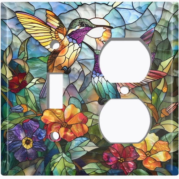 Metal Light Switch Wall Plate Outlet Cover (Printed Image of Stained Glass Humming Birds in Meadow - 2 Gang Toggle/Duplex)