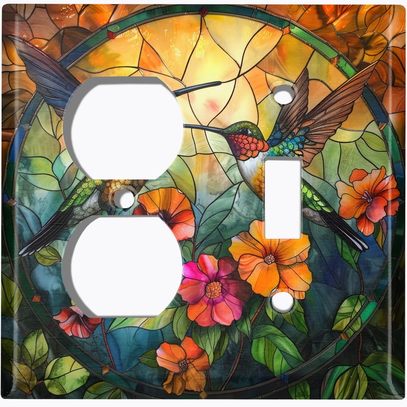 Metal Light Switch Wall Plate Outlet Cover (Printed Image of Stained Glass Humming Birds with Flowers - 2 Gang Duplex/Toggle)