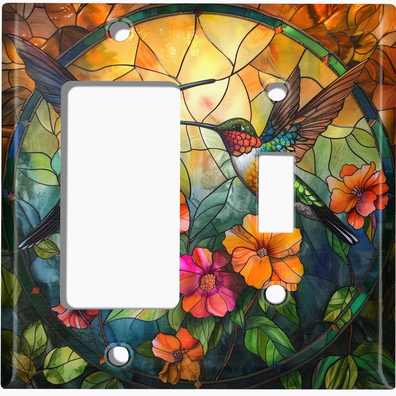 Metal Light Switch Wall Plate Outlet Cover (Printed Image of Stained Glass Humming Birds with Flowers - 2 Gang GFI Rocker/Toggle)
