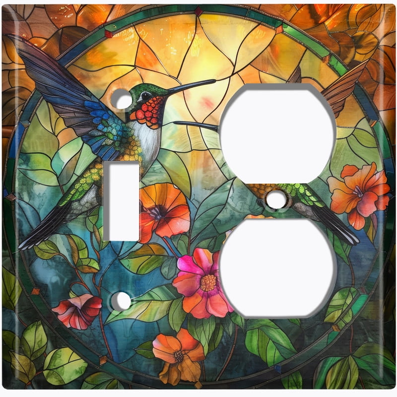 Metal Light Switch Wall Plate Outlet Cover (Printed Image of Stained Glass Humming Birds with Flowers - 2 Gang Toggle/Duplex)