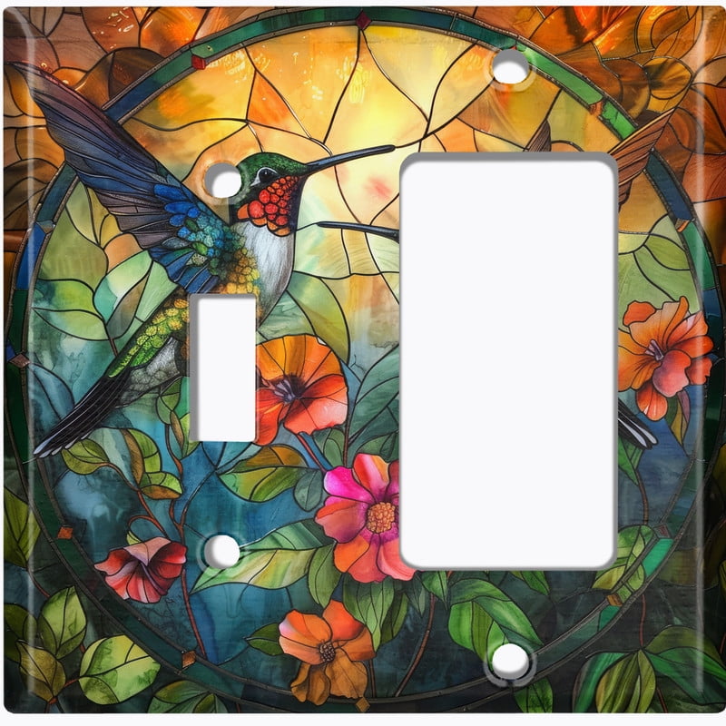 Metal Light Switch Wall Plate Outlet Cover (Printed Image of Stained Glass Humming Birds with Flowers - 2 Gang Toggle/GFI Rocker)
