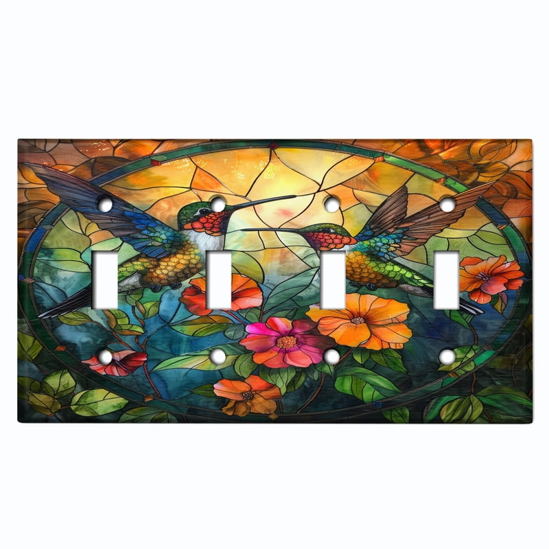 Metal Light Switch Wall Plate Outlet Cover (Printed Image of Stained Glass Humming Birds with Flowers - Quad Toggle)