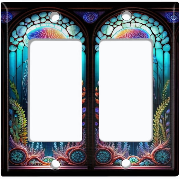 Metal Light Switch Wall Plate Outlet Cover (Printed Image of Stained Glass Jellyfish - Double GFI/Rocker)