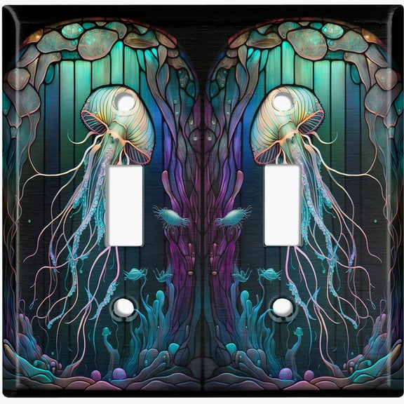 Metal Light Switch Wall Plate Outlet Cover (Printed Image of Stained Glass Jellyfish - Double Toggle)