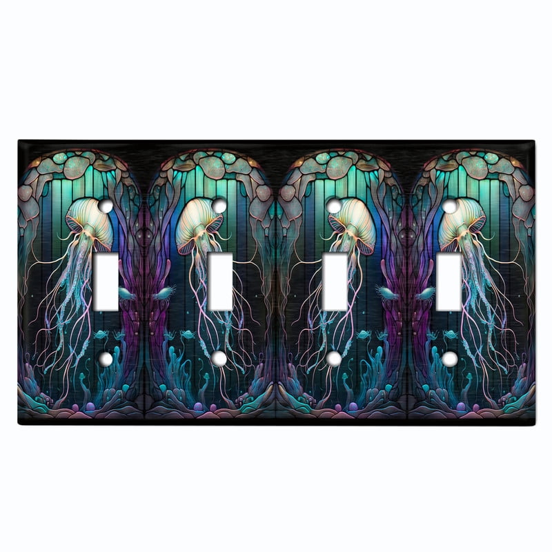 Metal Light Switch Wall Plate Outlet Cover (Printed Image of Stained Glass Jellyfish - Quad Toggle)