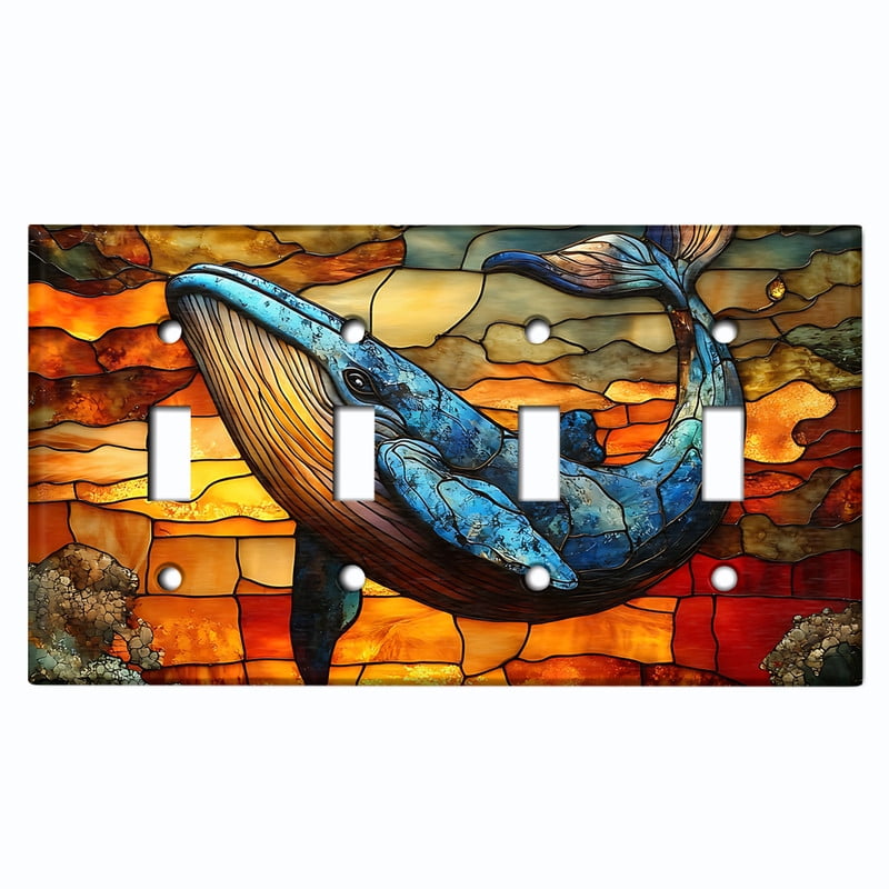 Metal Light Switch Wall Plate Outlet Cover (Printed Image of Stained Glass Jumping Whale - Quad Toggle)