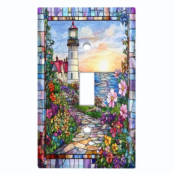 Metal Light Switch Wall Plate Outlet Cover (Printed Image of Stained Glass Lighthouse - Single Toggle)