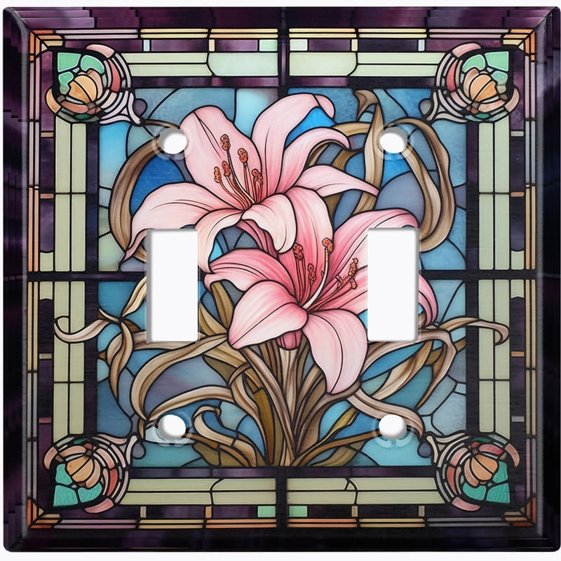 Metal Light Switch Wall Plate Outlet Cover (Printed Image of Stained Glass Lily Flowers - Double Toggle)