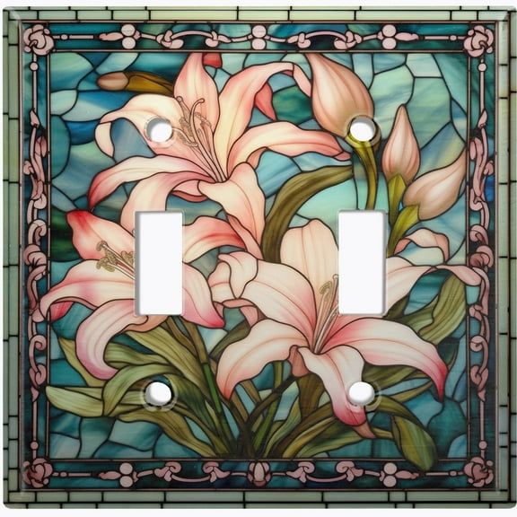 Metal Light Switch Wall Plate Outlet Cover (Printed Image of Stained Glass Lily Flowers - Double Toggle)