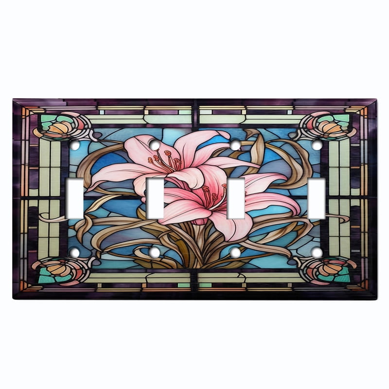 Metal Light Switch Wall Plate Outlet Cover (Printed Image of Stained Glass Lily Flowers - Quad Toggle)