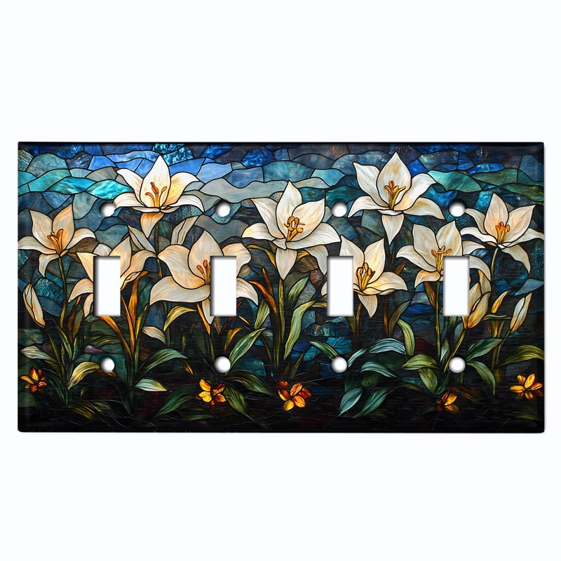 Metal Light Switch Wall Plate Outlet Cover (Printed Image of Stained Glass Lily Flowers - Quad Toggle)