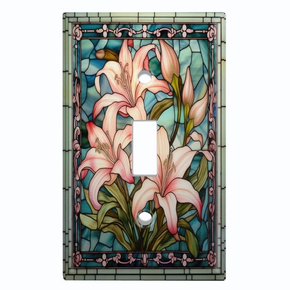 Metal Light Switch Wall Plate Outlet Cover (Printed Image of Stained Glass Lily Flowers - Single Toggle)
