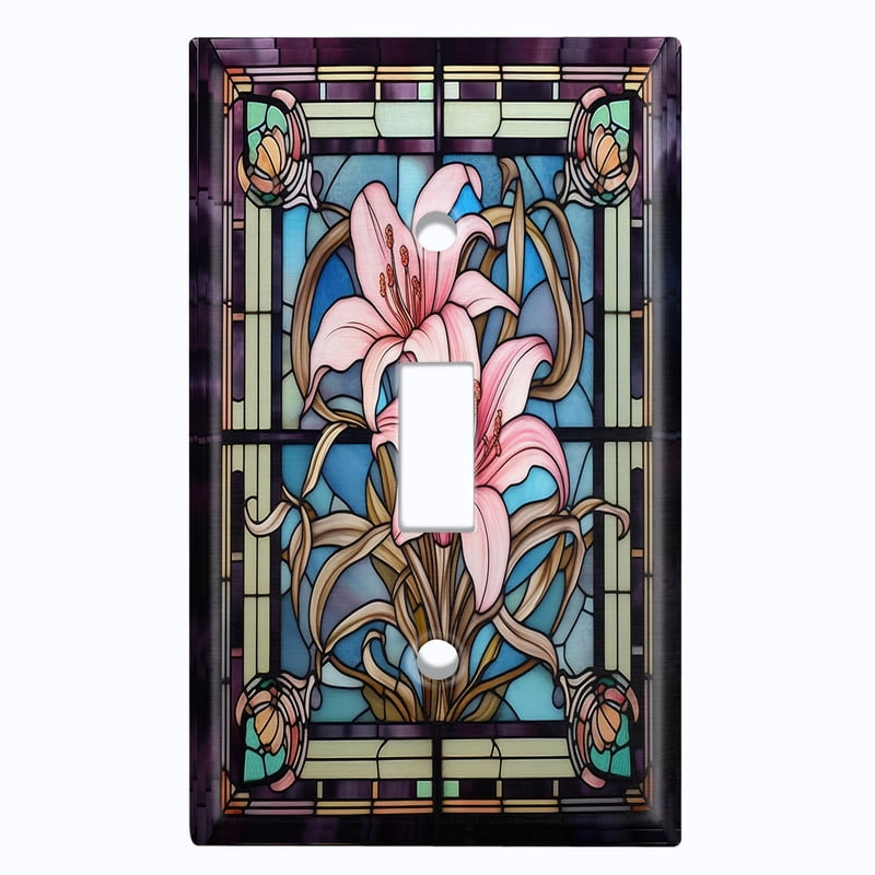 Metal Light Switch Wall Plate Outlet Cover (Printed Image of Stained Glass Lily Flowers - Single Toggle)