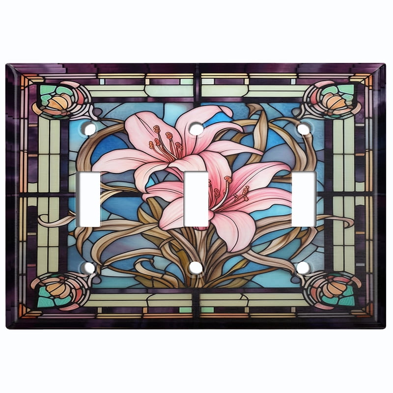 Metal Light Switch Wall Plate Outlet Cover (Printed Image of Stained Glass Lily Flowers - Triple Toggle)