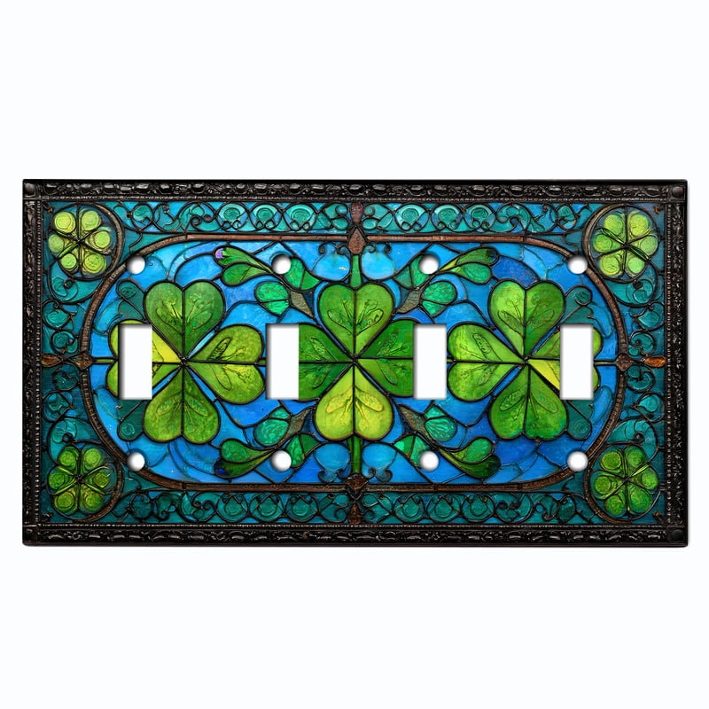 Metal Light Switch Wall Plate Outlet Cover (Printed Image of Stained Glass Lucky Clovers - Quad Toggle)
