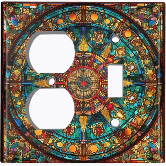 Metal Light Switch Wall Plate Outlet Cover (Printed Image of Stained Glass Mandala - 2 Gang Duplex/Toggle)
