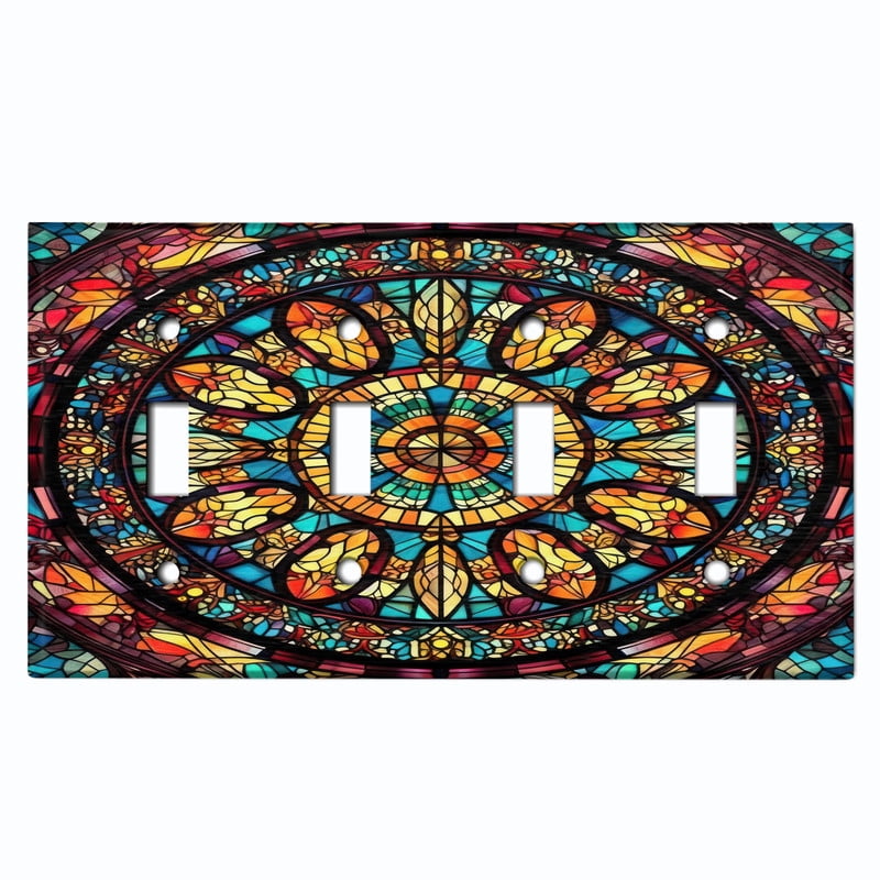 Metal Light Switch Wall Plate Outlet Cover (Printed Image of Stained Glass Mandala - Quad Toggle)
