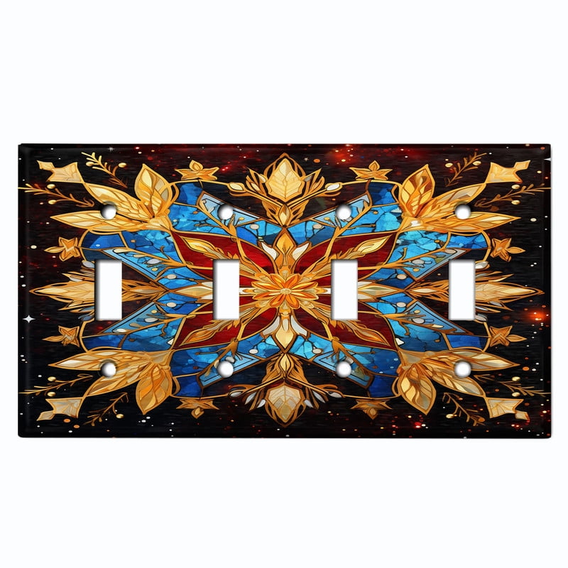 Metal Light Switch Wall Plate Outlet Cover (Printed Image of Stained Glass Mandala - Quad Toggle)