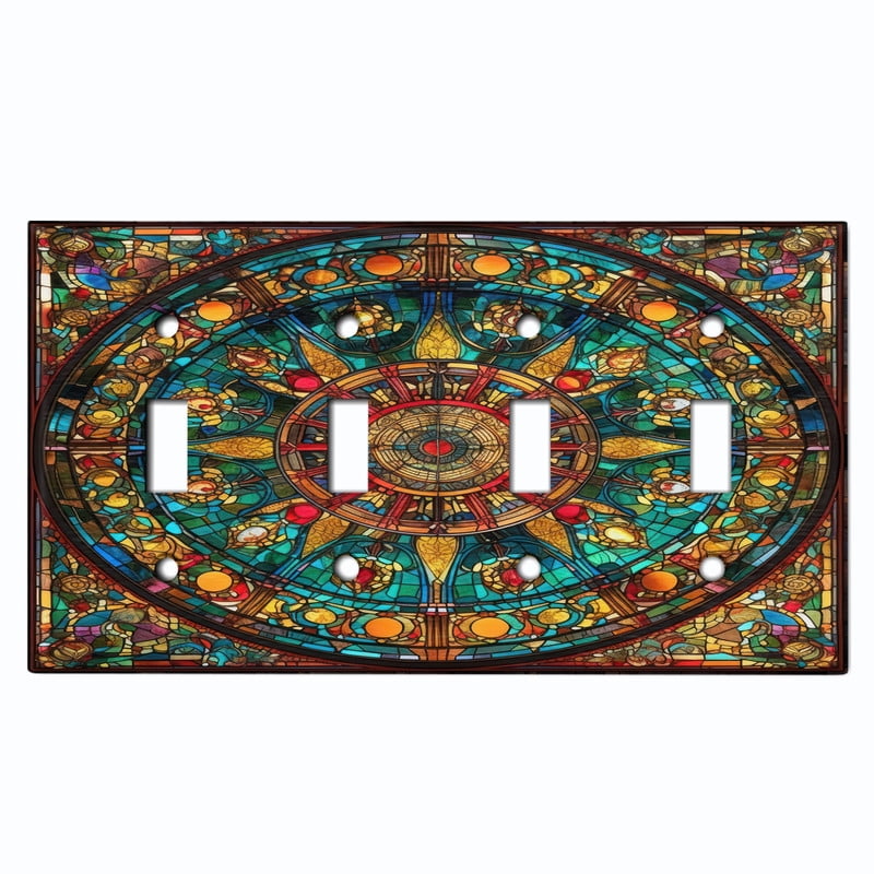Metal Light Switch Wall Plate Outlet Cover (Printed Image of Stained Glass Mandala - Quad Toggle)