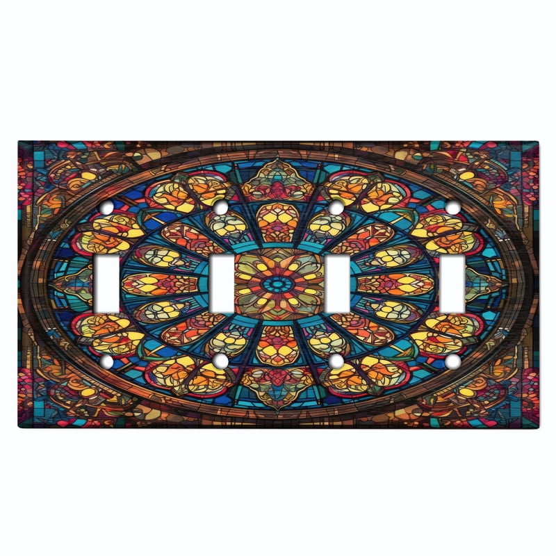 Metal Light Switch Wall Plate Outlet Cover (Printed Image of Stained Glass Mandala - Quad Toggle)