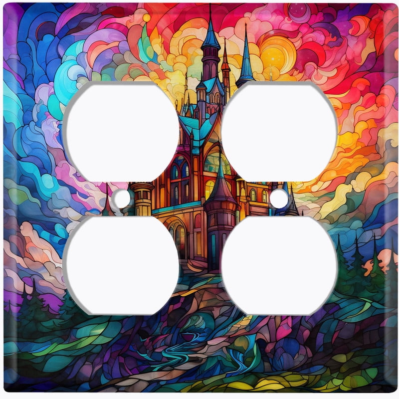 Metal Light Switch Wall Plate Outlet Cover (Printed Image of Stained Glass Mansion - Double Duplex)