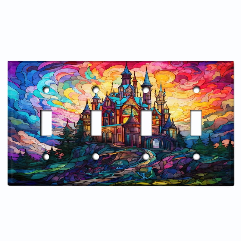 Metal Light Switch Wall Plate Outlet Cover (Printed Image of Stained Glass Mansion - Quad Toggle)
