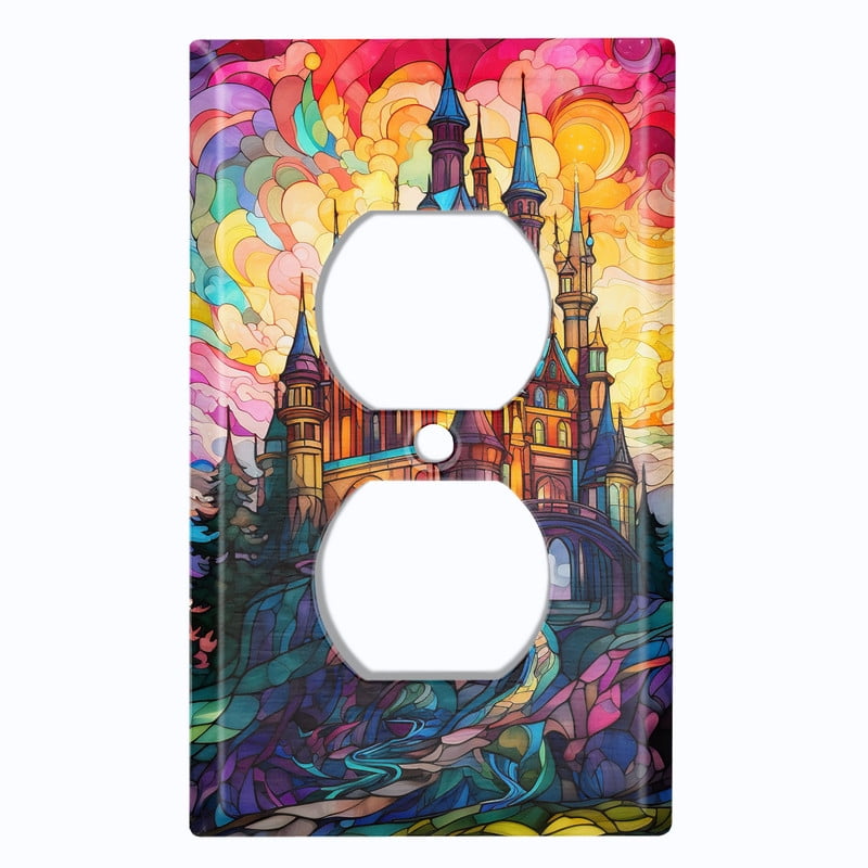 Metal Light Switch Wall Plate Outlet Cover (Printed Image of Stained Glass Mansion - Single Duplex)