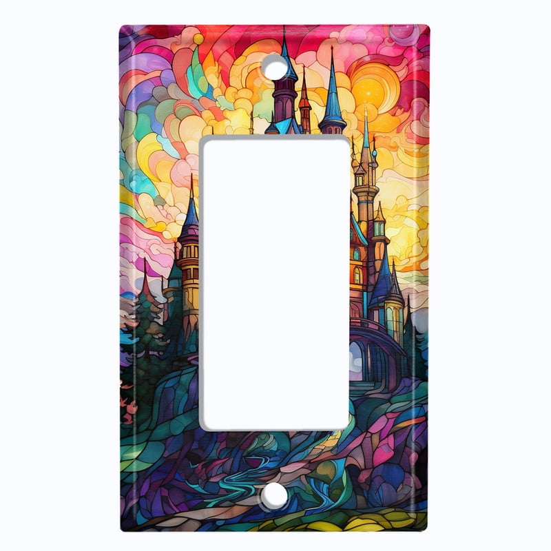 Metal Light Switch Wall Plate Outlet Cover (Printed Image of Stained Glass Mansion - Single GFI/Rocker)