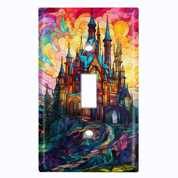 Metal Light Switch Wall Plate Outlet Cover (Printed Image of Stained Glass Mansion - Single Toggle)