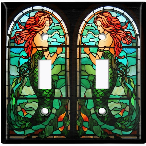 Metal Light Switch Wall Plate Outlet Cover (Printed Image of Stained Glass Mermaid - Double Toggle)