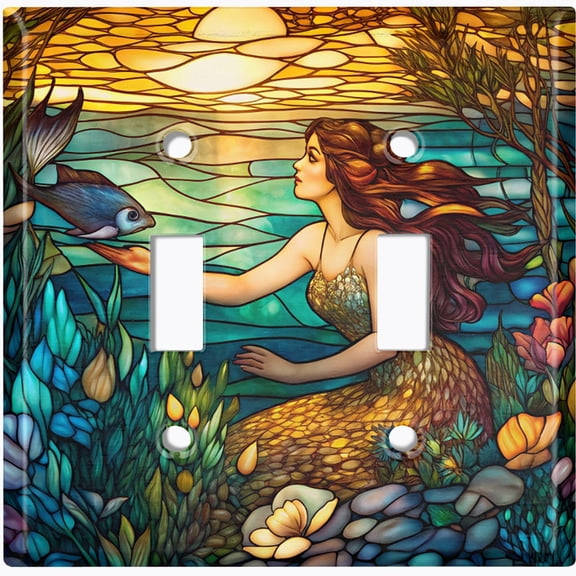 Metal Light Switch Wall Plate Outlet Cover (Printed Image of Stained Glass Mermaid Scene - Double Toggle)