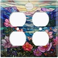 thumbnail image 1 of Metal Light Switch Wall Plate Outlet Cover (Printed Image of Stained Glass Mountain View with Flowers - Double Duplex), 1 of 1