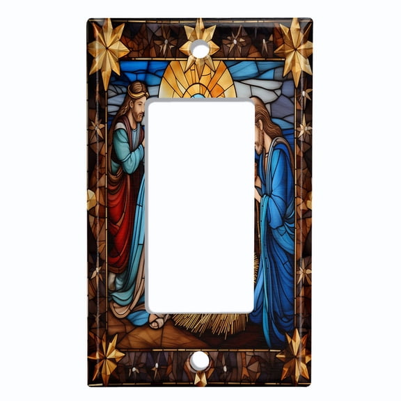 Metal Light Switch Wall Plate Outlet Cover (Printed Image of Stained Glass Nativity Scene - Single GFI/Rocker)