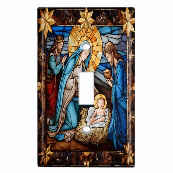 Metal Light Switch Wall Plate Outlet Cover (Printed Image of Stained Glass Nativity Scene - Single Toggle)