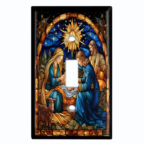 Metal Light Switch Wall Plate Outlet Cover (Printed Image of Stained Glass Nativity Scene - Single Toggle)