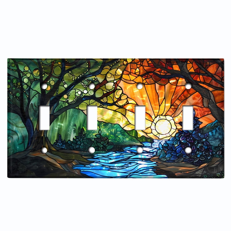 Metal Light Switch Wall Plate Outlet Cover (Printed Image of Stained Glass Nature - Quad Toggle)