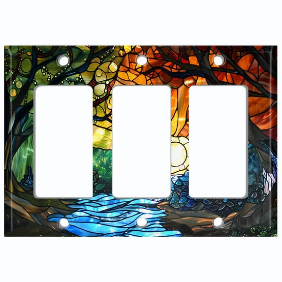 Metal Light Switch Wall Plate Outlet Cover (Printed Image of Stained Glass Nature - Triple GFI/Rocker)