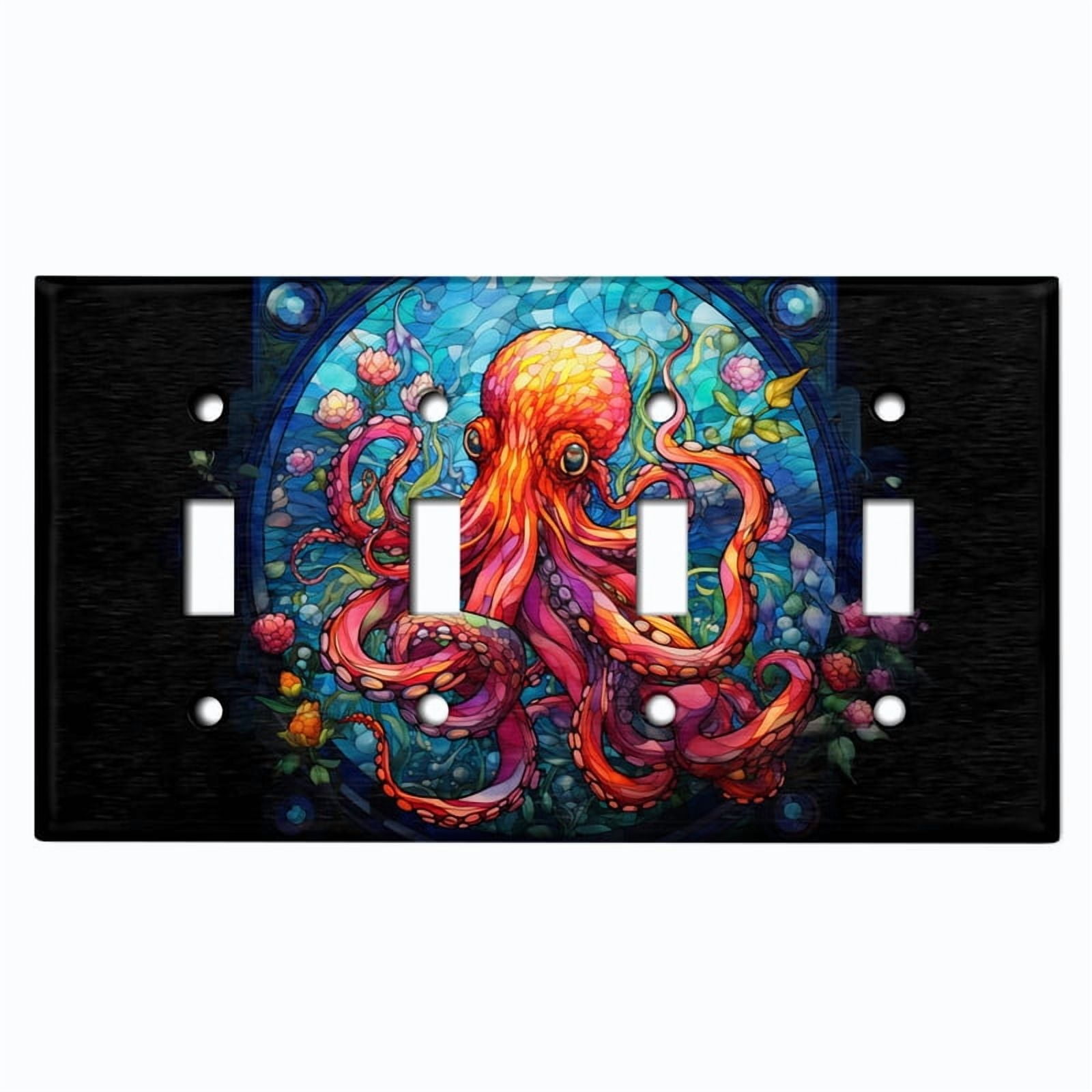 Metal Light Switch Wall Plate Outlet Cover (Printed Image of Stained Glass Octopus - Quad Toggle)