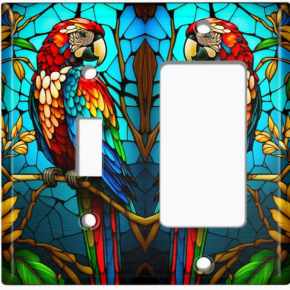 Metal Light Switch Wall Plate Outlet Cover (Printed Image of Stained Glass Parrot - 2 Gang Toggle/GFI Rocker)