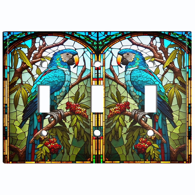 Metal Light Switch Wall Plate Outlet Cover (Printed Image of Stained Glass Parrot - Quad Toggle)