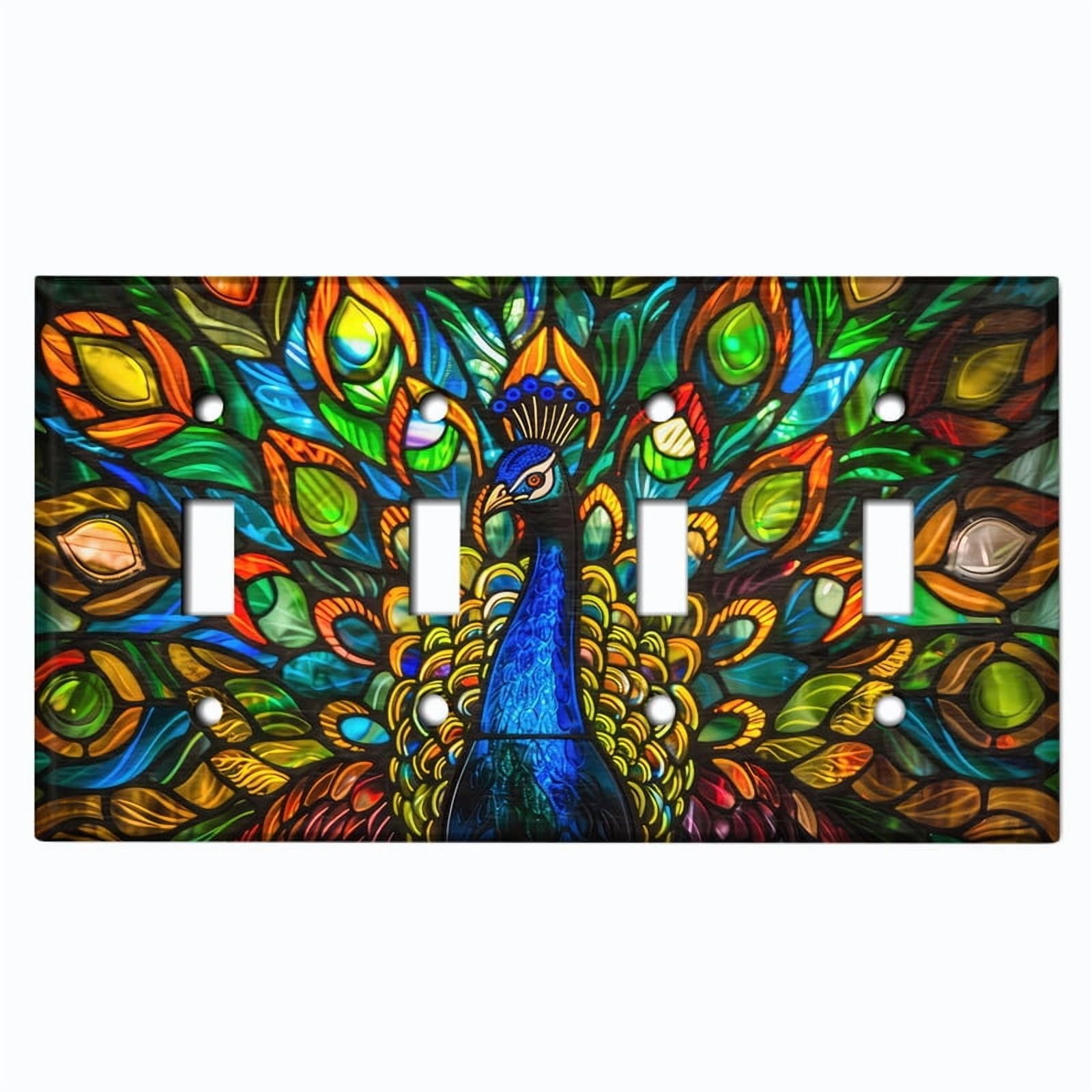 Metal Light Switch Wall Plate Outlet Cover (Printed Image of Stained Glass Peacock - Quad Toggle)