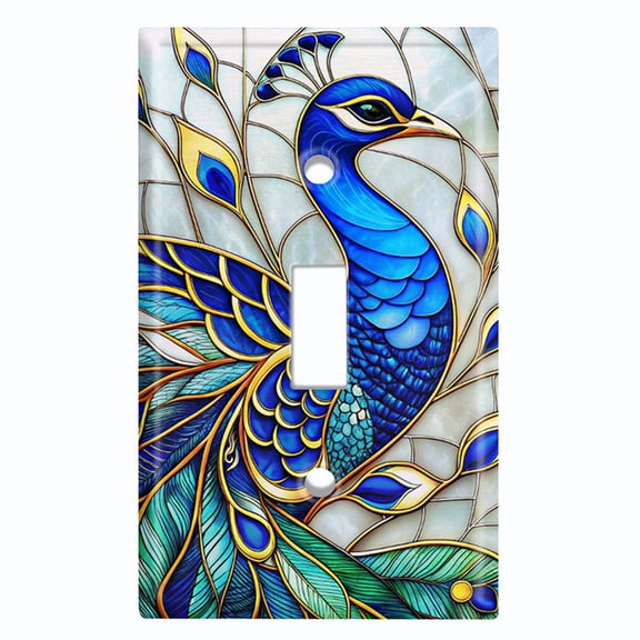 Metal Light Switch Wall Plate Outlet Cover (Printed Image of Stained Glass Peacock - Single Toggle)
