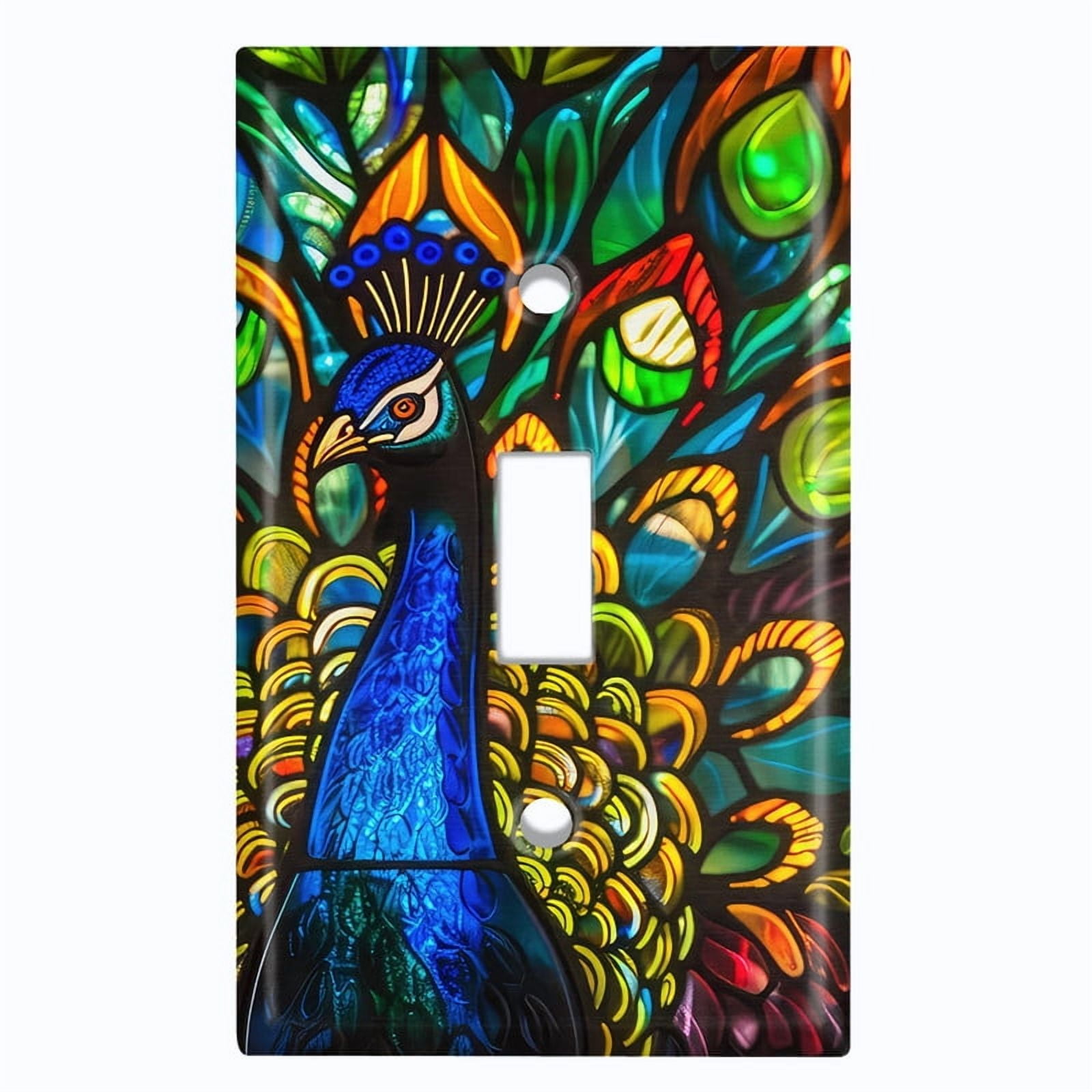 Metal Light Switch Wall Plate Outlet Cover (Printed Image of Stained Glass Peacock - Single Toggle)