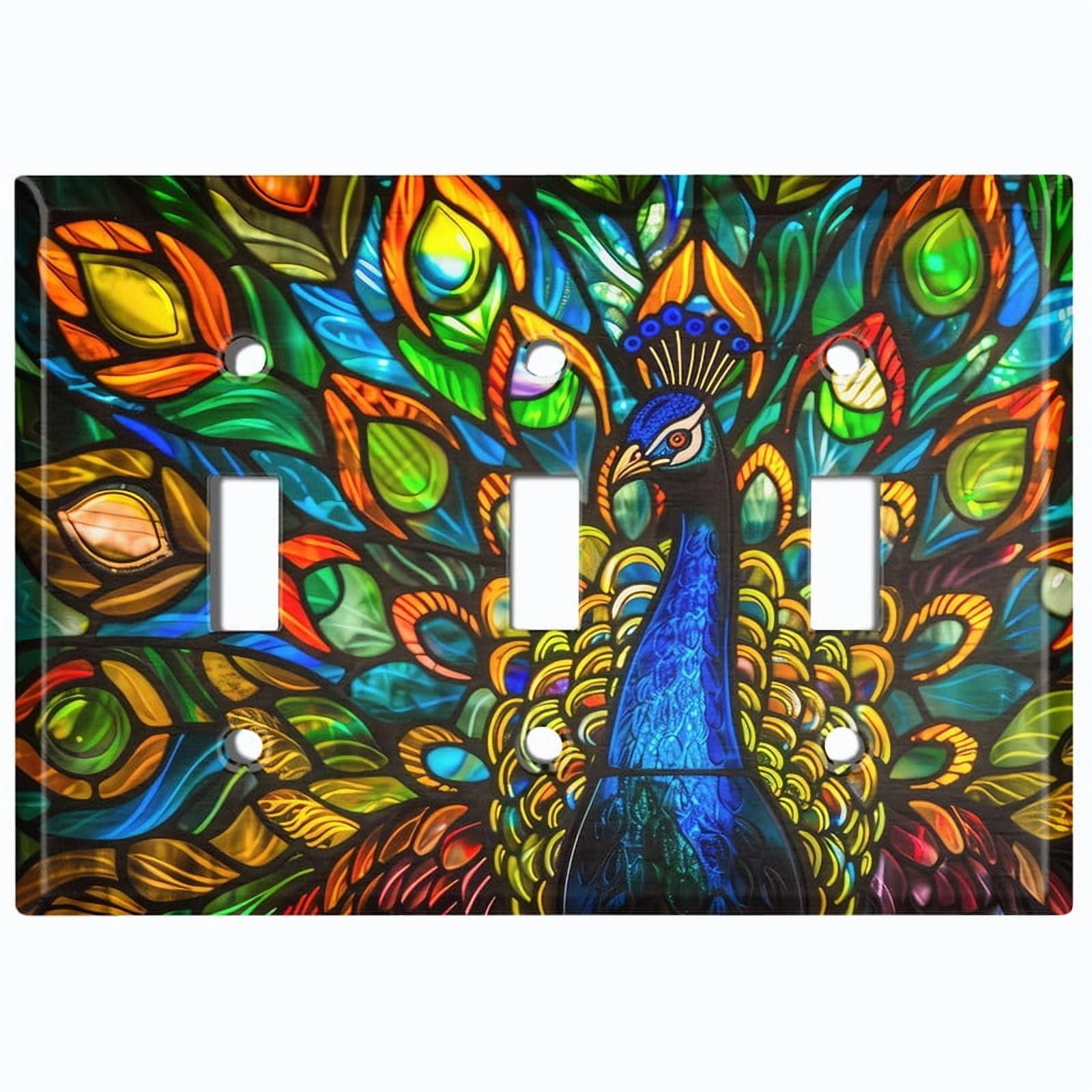 Metal Light Switch Wall Plate Outlet Cover (Printed Image of Stained Glass Peacock - Triple Toggle)