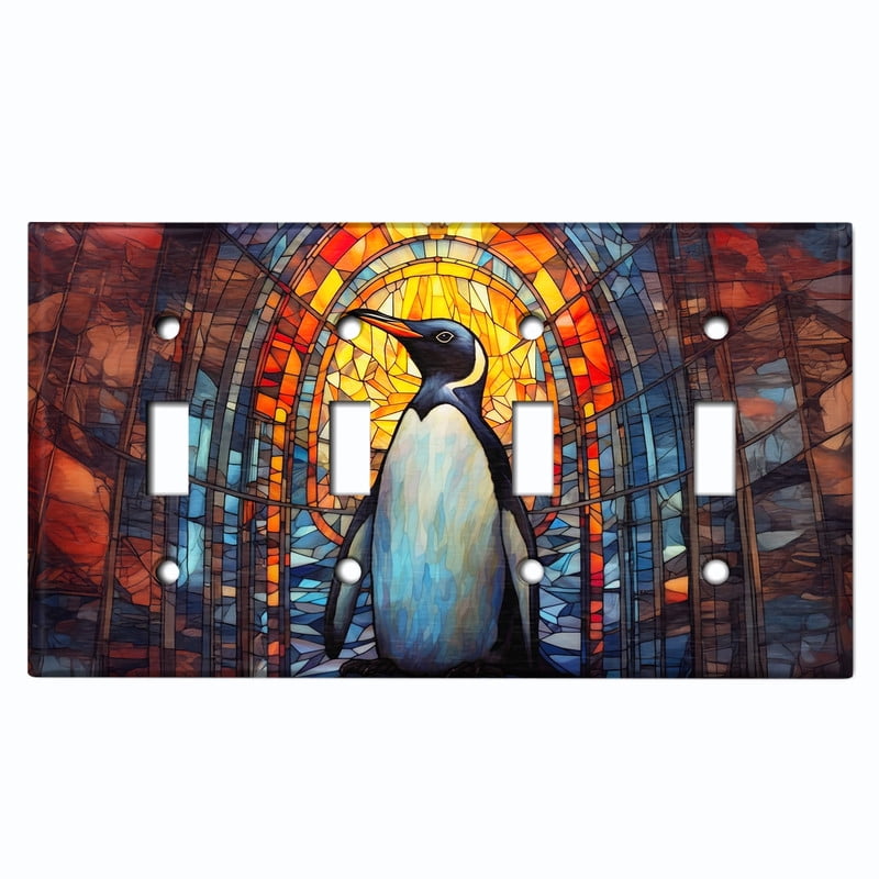 Metal Light Switch Wall Plate Outlet Cover (Printed Image of Stained Glass Penguin - Quad Toggle)