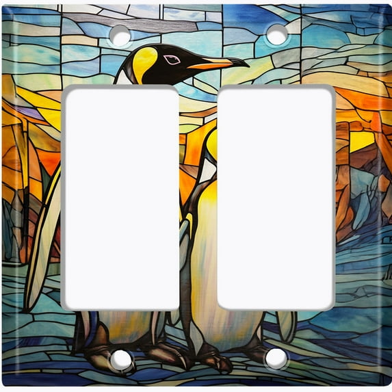 Metal Light Switch Wall Plate Outlet Cover (Printed Image of Stained Glass Penguins - Double GFI/Rocker)