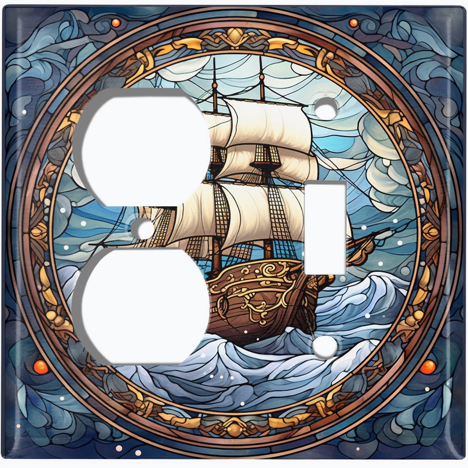 Metal Light Switch Wall Plate Outlet Cover (Printed Image of Stained Glass Pirate Ship - 2 Gang Duplex/Toggle)