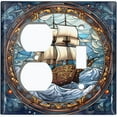 thumbnail image 1 of Metal Light Switch Wall Plate Outlet Cover (Printed Image of Stained Glass Pirate Ship - 2 Gang Duplex/Toggle), 1 of 1