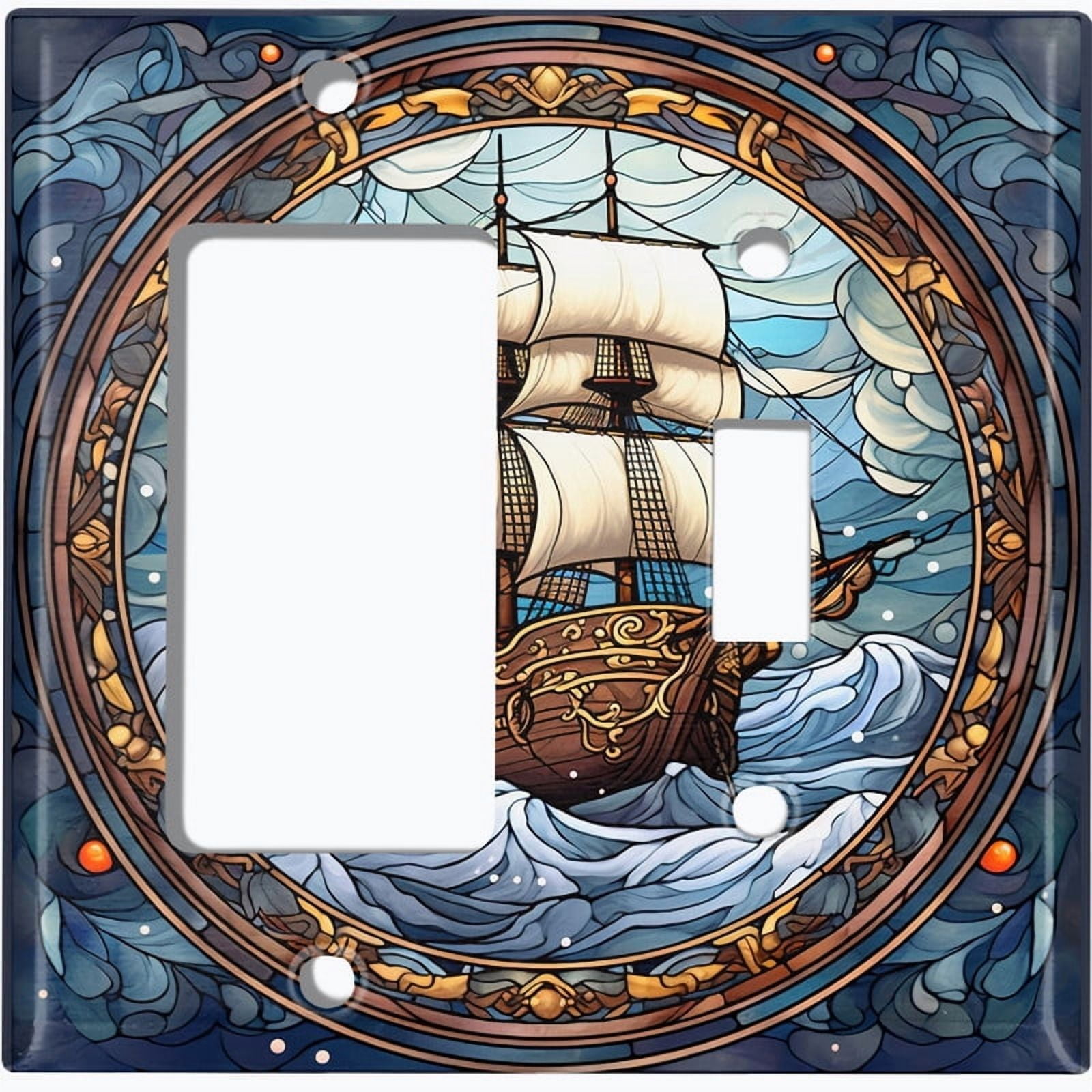 Metal Light Switch Wall Plate Outlet Cover (Printed Image of Stained Glass Pirate Ship - 2 Gang GFI Rocker/Toggle)